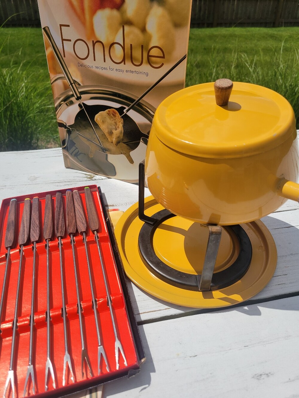 Fondue Pot Bundle Vintage Yellow Fondue Pot Forks Skewers Cookbook